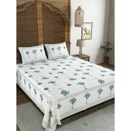 Sangria Grey & Blue Floral 180 TC Pure Cotton Super King Bedsheet & 2 Pillow Covers-picture-34