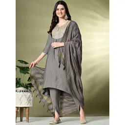 Sangria Grey Floral Yoke Design Sequinned Straight Kurta With Dhoti Pants & Dupatta-picture-24