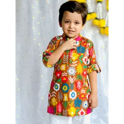 Sangria Infant Boys Floral Printed Band Collar Pure Cotton Kurta With Pyjama-picture-56