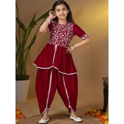 Sangria Kids-Girls Maroon Embroidered Silk Blend Kurta Sets-picture-38