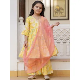 Sangria Kids-Girls Printed Angrakha Kurta & Sharara With Dupatta-picture-27