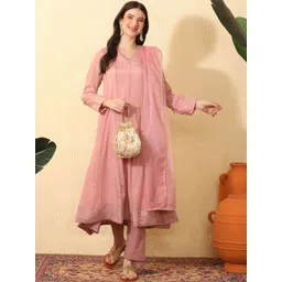 Sangria Layered V-Neck Thread Work Chinon Kurta With Trousers & Dupatta-picture-30