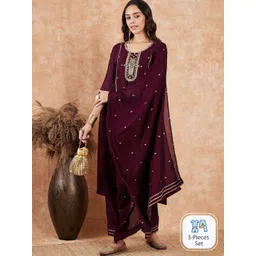 Sangria Maroon Ethnic Motifs Embroidered A-Line Sequinned Kurta With Trouser & Dupatta-picture-14