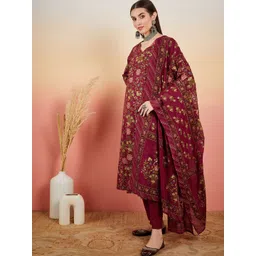 Sangria Maroon Floral Printed Pure Cotton Angrakha Kurta With Trousers & Dupatta-picture-34