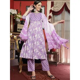 Sangria Mauve Floral Embroidered Round Neck Straight Kurta With Trouser And Dupatta-picture-14