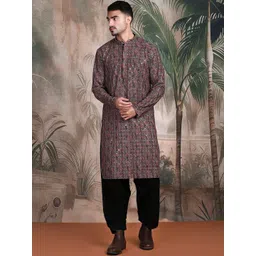 Sangria Men Brown & Black Sequined Mandarin Collar Cotton Kurta & Salwar Set-picture-34