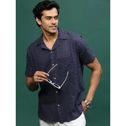 Sangria Men Modern Cuban Collar Self Design Cotton Casual Shirt-picture-17