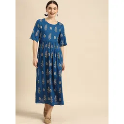 Sangria Navy Blue & White Floral Ethnic Maxi Dress-picture-40