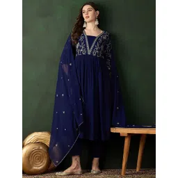 Sangria Navy Blue Ethnic Motifs Embroidered A-Line Kurta With Trouser & Dupatta-picture-15