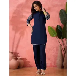 Sangria Navy Blue Ethnic Motifs Embroidered Shirt Collar Pathani Kurta With Trouser-picture-14