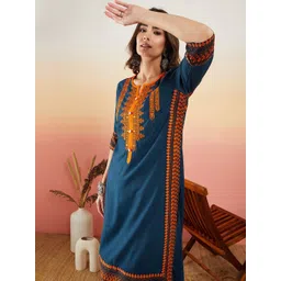 Sangria Navy Blue Ethnic Motifs Embroidered Thread Work Straight Kurta-picture-10