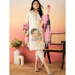 Sangria Off White Ethnic Motifs Self Design Thread Work Pure Cotton Pathani Kurta Sets-picture-13