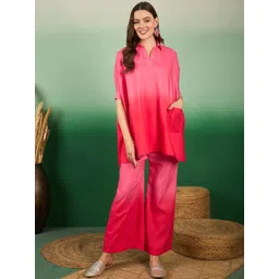 Sangria Ombre Printed Shirt Collar Tunic With Trousers-picture-28