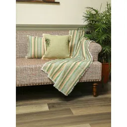 Sangria Palm Stories 3 Pieces Green Printed Cotton Square Cushion Covers & Throw - 16 in-picture-21