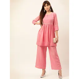 Sangria Peach-Coloured Zari Gotta Patti Pleated A-Line Pure Cotton Kurti With Palazzo-picture-42