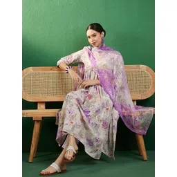 Sangria Pink Floral Embroidered Flared V-Neck Straight Kurta & Trousers With Dupatta-picture-36