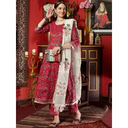 Sangria Pink Floral Printed Mirror Work Pure Cotton A-Line Kurta Set-picture-19