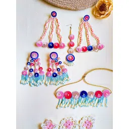 Sangria Pink Gold-Plated Artificial Beaded Boho Bridal Tasseled Jewellery Set-picture-38