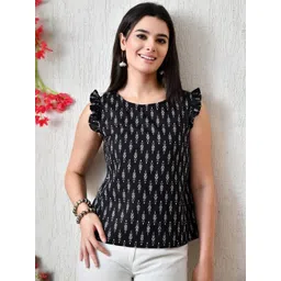 Sangria Print Flutter Sleeve Ruffles Cotton Top-picture-40