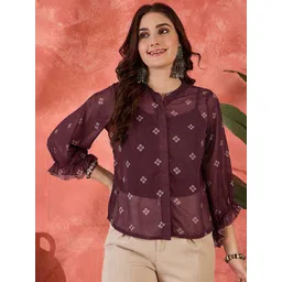 Sangria Printed Georgette Bell Sleeves Shirt Style Top-picture-41