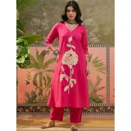 Sangria Printed V-Neck Kurta Trousers & Dupatta-picture-41