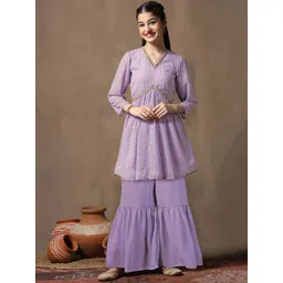 Sangria Printed V Neck Kurta With Trouser Set-picture-27