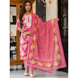 Sangria Printed Yoke Embroidered Kurta With Trousers & Dupatta Set-picture-33