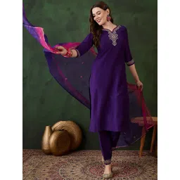 Sangria Purple Floral Embroidered Zari Straight Kurta With Trouser & Dupatta-picture-32