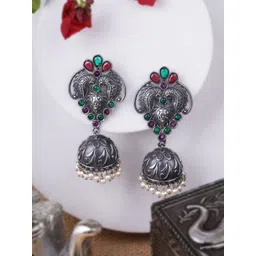 Sangria Red Silver-Plated Artificial Stones Studded And Pearls Beaded Dome Shaped Jhumkas-picture-36