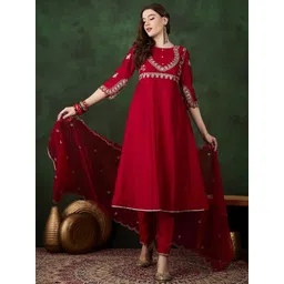 Sangria Round Neck Floral Zari Embroidered Straight Kurta with Trouser and Dupatta-picture-16
