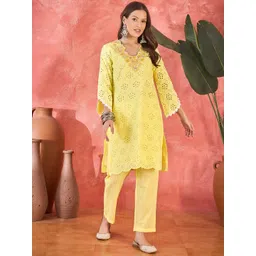 Sangria Schiffli Embroidered Pure Cotton Kurta With Trousers-picture-17