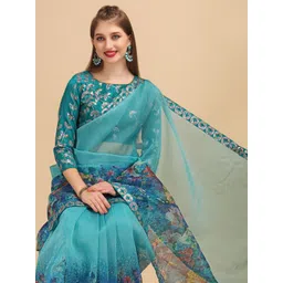 Sangria Sea Green & Blue Floral Sequinned Organza Saree-picture-13