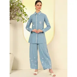 Sangria Self Design Shirt With Palazzo Co-Ords-picture-41