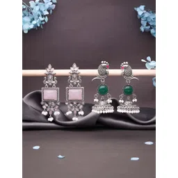 Sangria Set Of 2 Silver-Plated Artificial Stones Studded and Beads Beaded Drop Earrings-picture-12