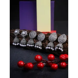 Sangria Set Of 3 Silver-Plated Artificial Stones Studded And Beaded Dome Shaped Jhumkas-picture-19