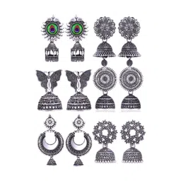Sangria Set Of 6 Silver Plated Oxidized Jhumka Earrings-picture-41