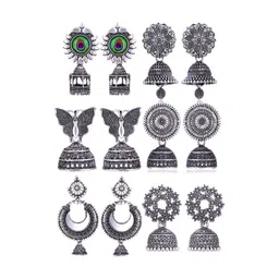 Sangria Set Of 6 Silver Plated Oxidized Jhumka Earrings-picture-25