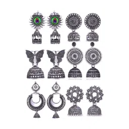 Sangria Set Of 6 Silver Plated Oxidized Jhumka Earrings-picture-24