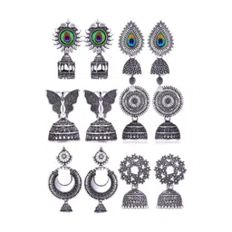 Sangria Set Of 6 Silver Plated Oxidized Jhumka Earrings-picture-26