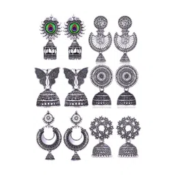 Sangria Set Of 6 Silver Plated Oxidized Jhumka Earrings-picture-31