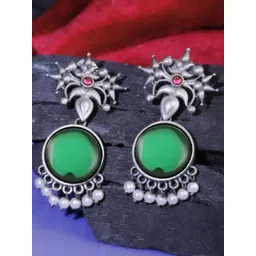 Sangria Silver-Plated Artificial Stone Studded And Pearls Beaded Oxidised Drop Earrings-picture-28