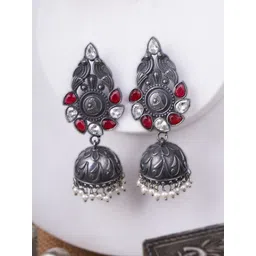 Sangria Silver-Plated Artificial Stone-Studded Oxidised Earrings-picture-25