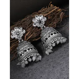 Sangria Silver-Plated Artificial Stones Studded & Beaded Dome Shaped Jhumkas-picture-34