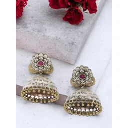 Sangria Silver-Plated Artificial Stones Studded And Beaded Dome Shaped Oxidised Jhumkas-picture-18