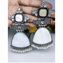 Sangria Silver-Plated Artificial Stones Studded & Beaded Oxidised Drop Earrings-picture-37