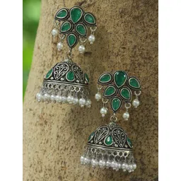 Sangria Silver-Plated Artificial Stones Studded & Pearls Beaded Dome Shaped Jhumkas-picture-26