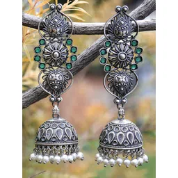 Sangria Silver-Plated Artificial Stones Studded & Pearls Beaded Oxidised Jhumkas-picture-30