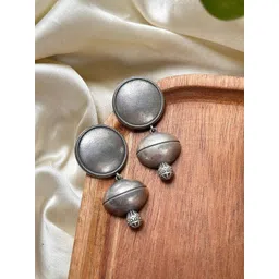 Sangria Silver Plated Circular Oxidised Drop Earrings-picture-20