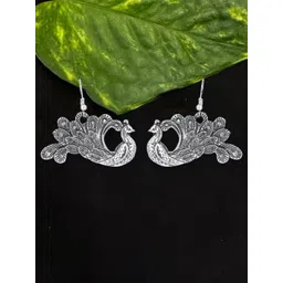 Sangria Silver-Plated Dancing Peacock Shaped Oxidised Drop Earrings-picture-36