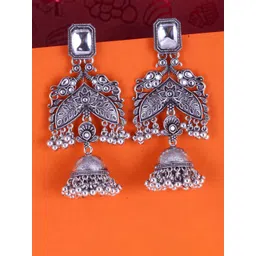 Sangria Silver-Plated Kundan-Studded Oxidised Drop Earrings-picture-26